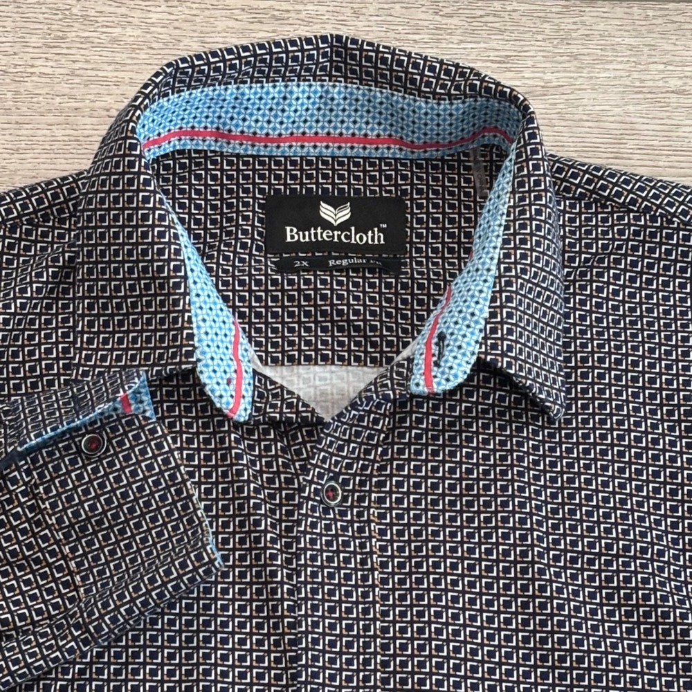 Buttercloth Button Down Shirt Mens 2X Geometric Regular Fit Cotton Preppy Casual